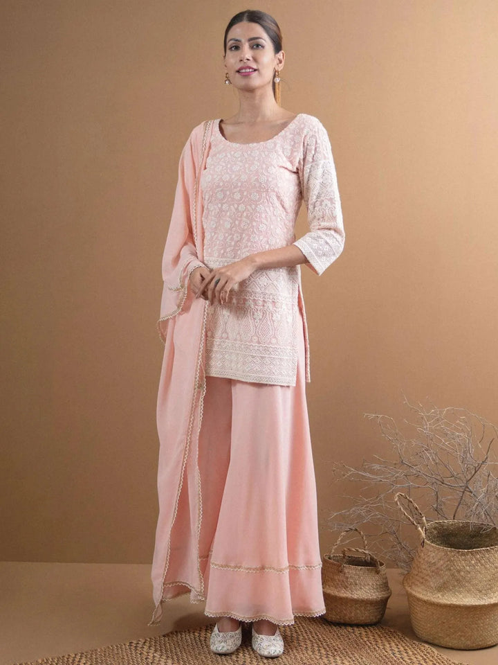 KAYRA Pink Embroidered Georgette Suit Set - Libas