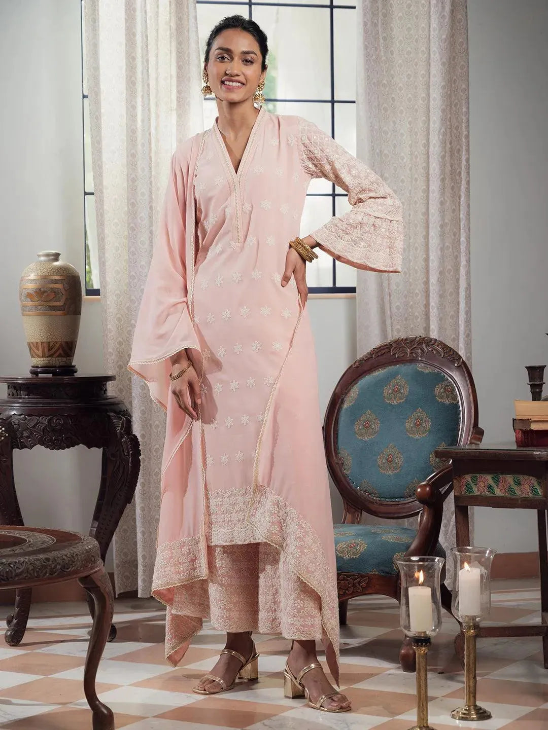 Pink Embroidered Georgette Suit Set - Libas