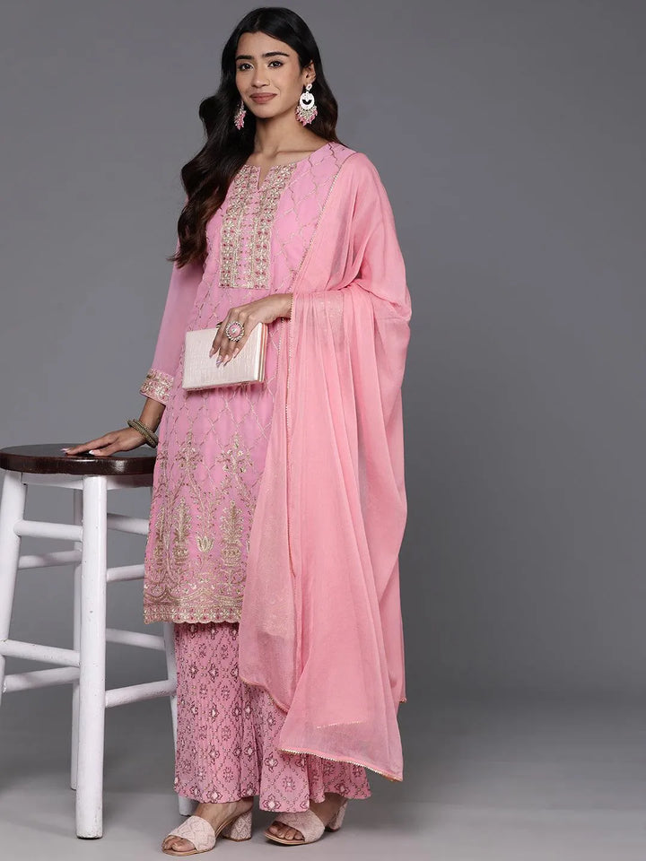 Pink Embroidered Georgette Straight Kurta With Palazzos & Dupatta - Libas