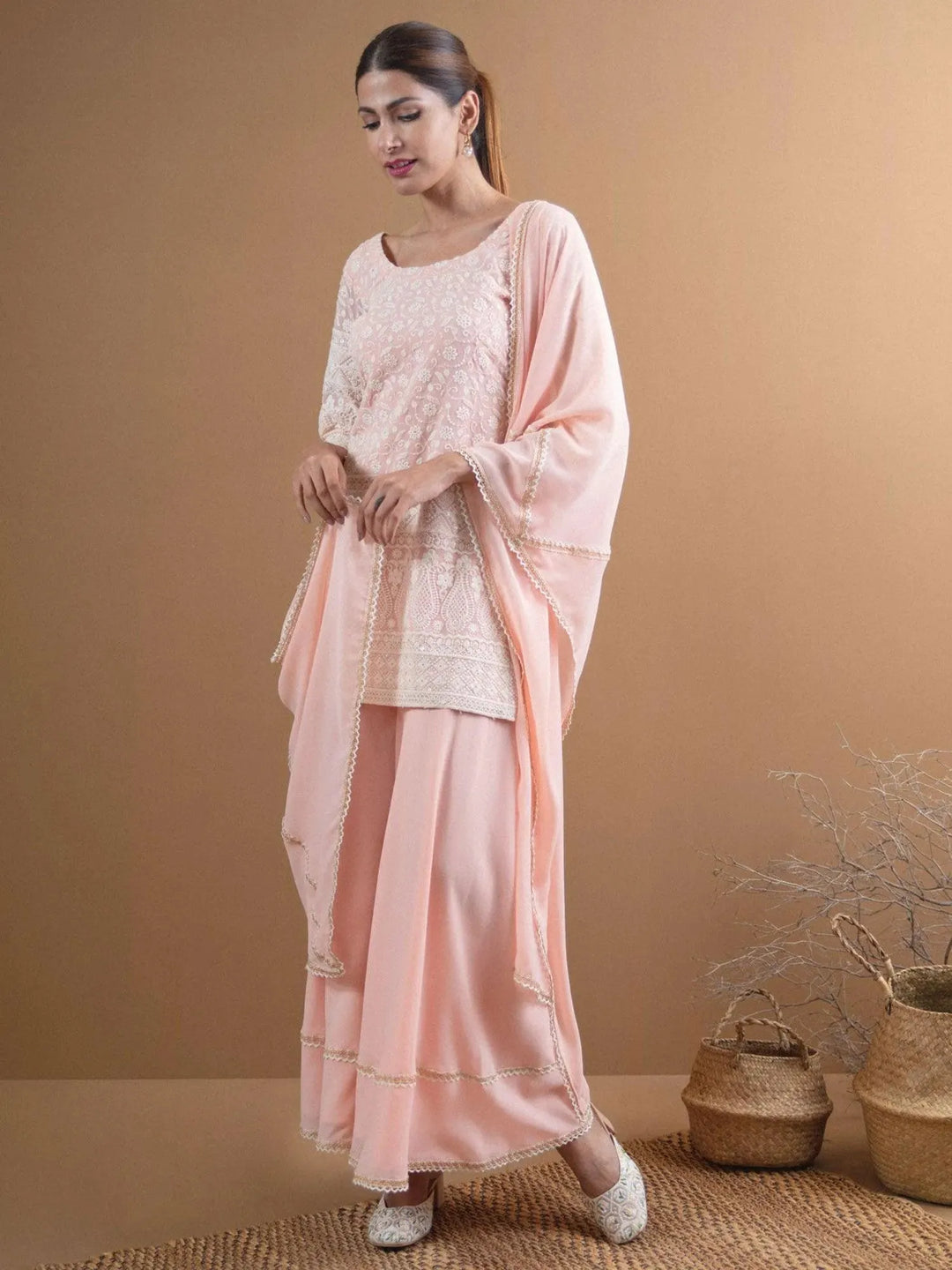 KAYRA Pink Embroidered Georgette Suit Set - Libas 