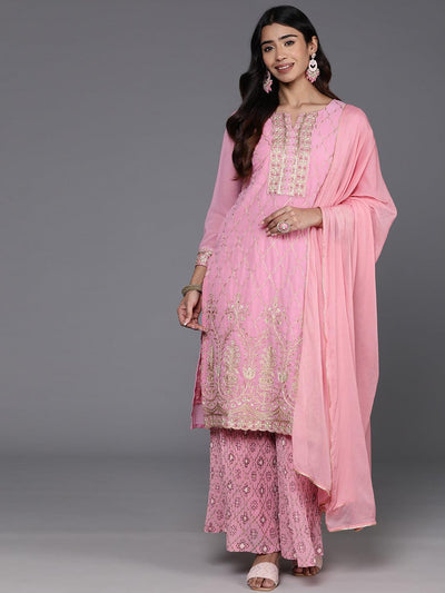 Pink Embroidered Georgette Straight Kurta With Palazzos & Dupatta - Libas
