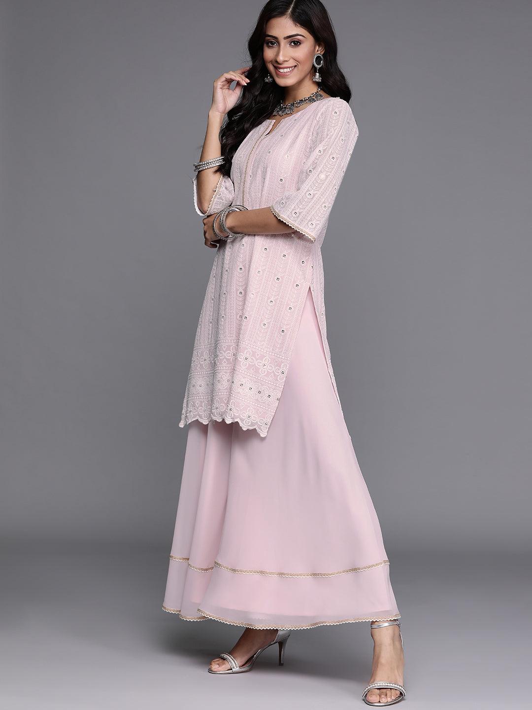 Pink Embroidered Georgette Straight Kurta With Palazzos & Dupatta