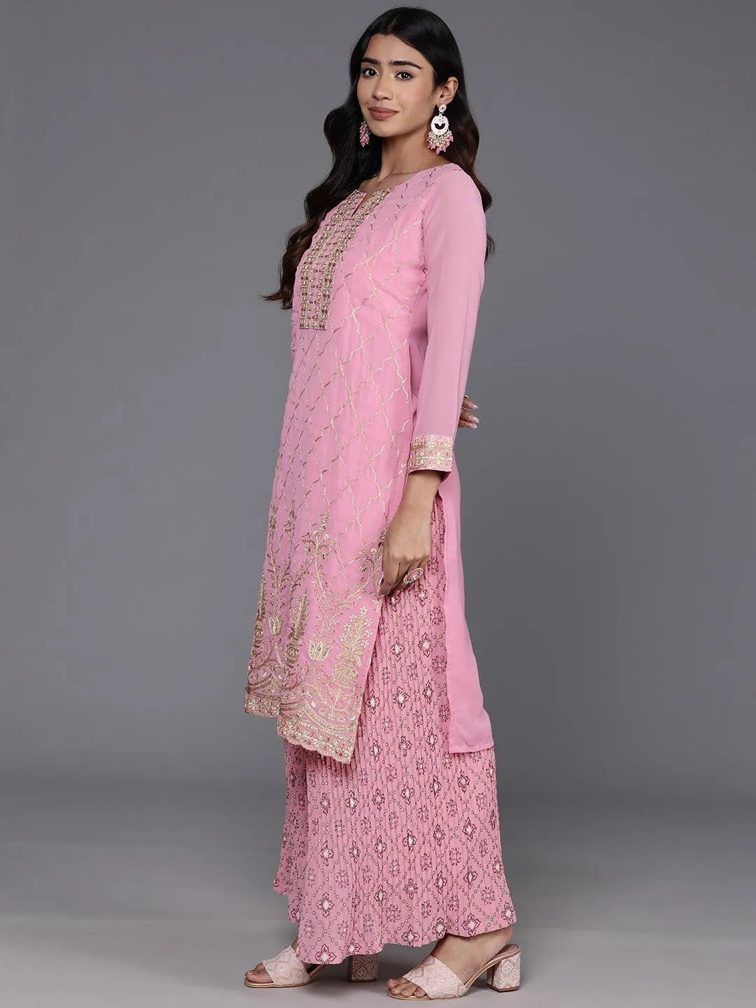 Pink Embroidered Georgette Straight Kurta With Palazzos & Dupatta - Libas