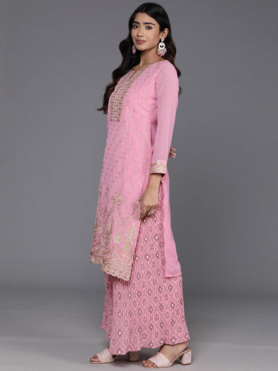 Pink Embroidered Georgette Straight Kurta With Palazzos & Dupatta - Libas