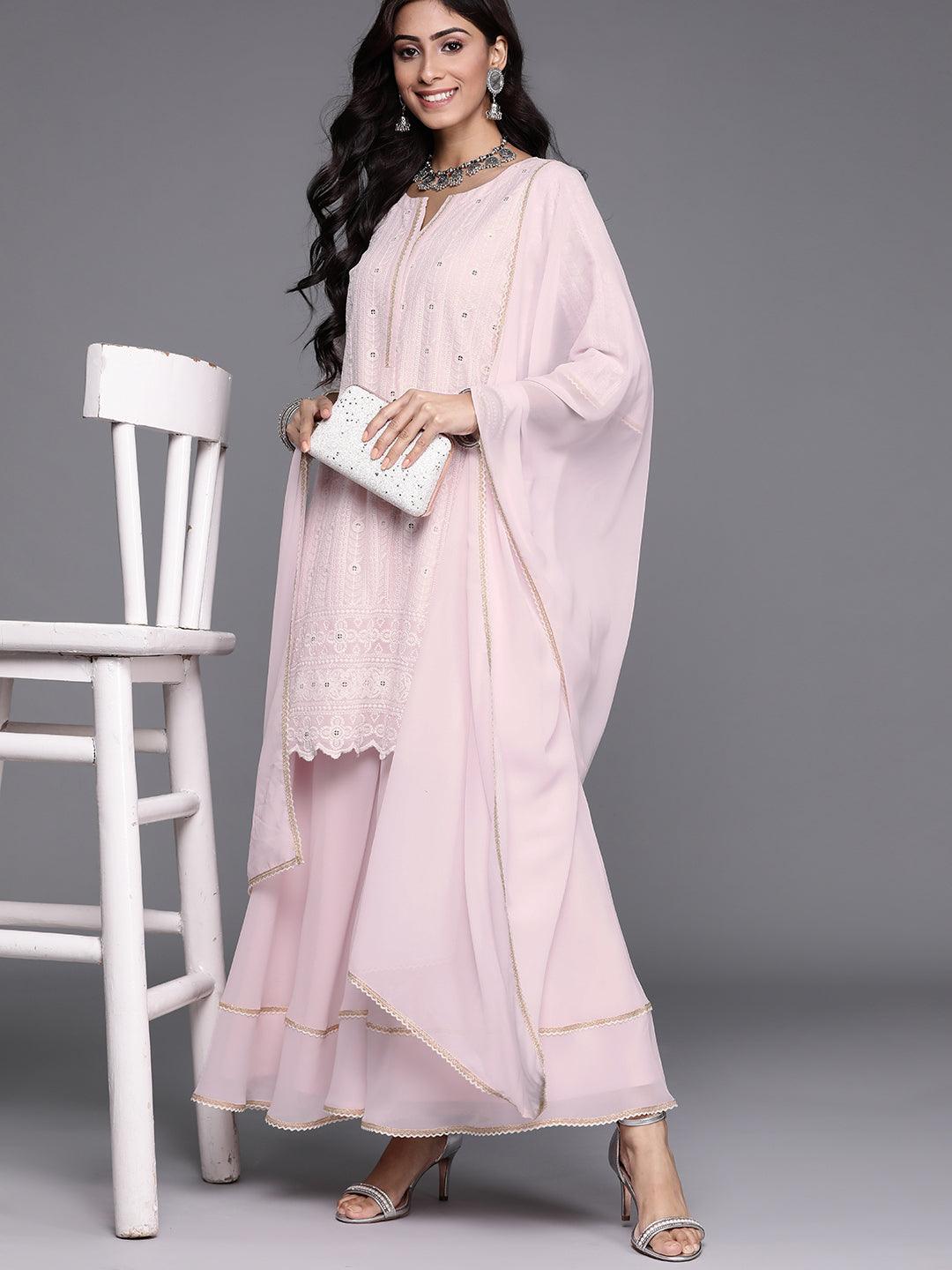 Pink Embroidered Georgette Straight Kurta With Palazzos & Dupatta