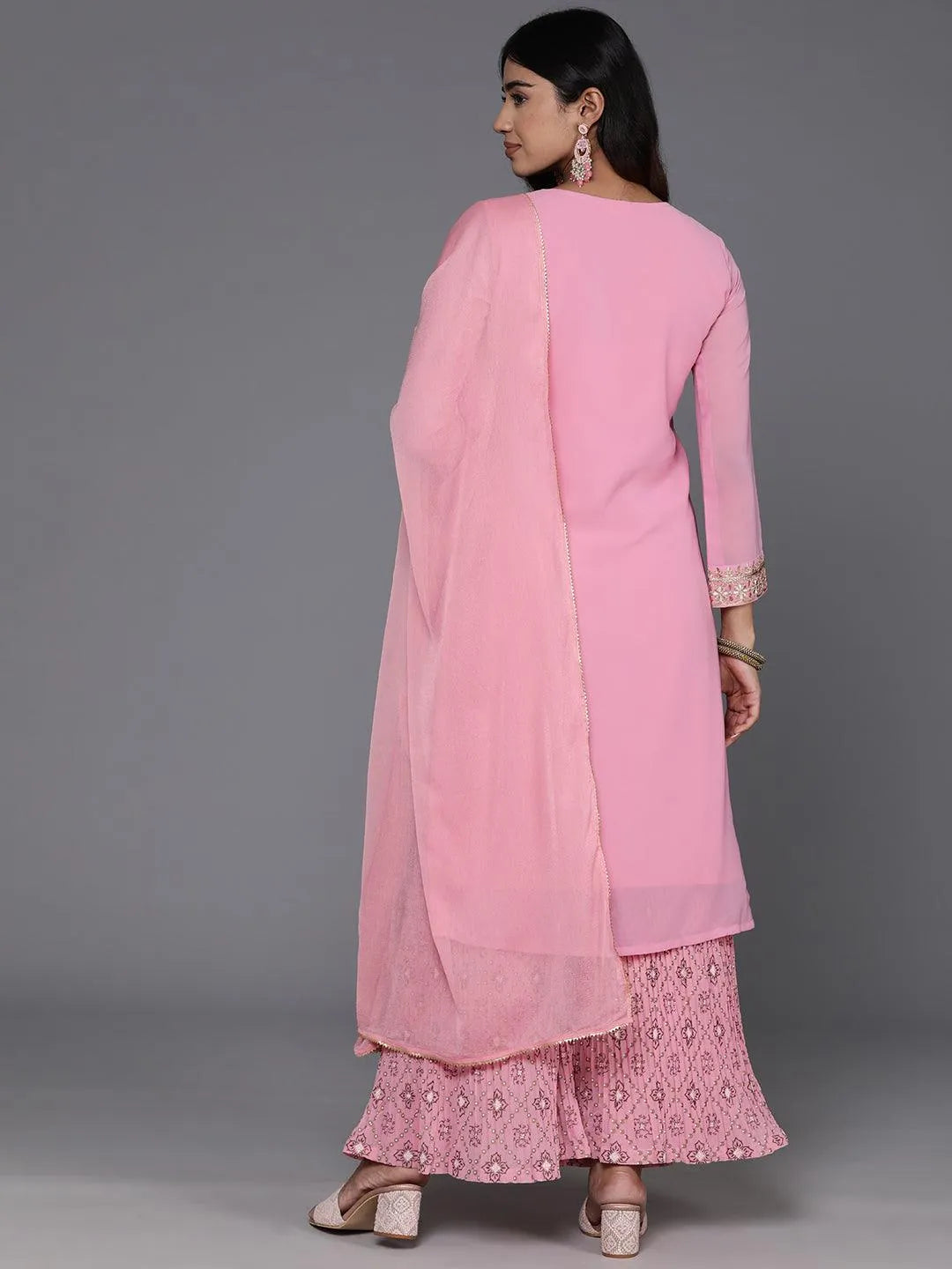 Pink Embroidered Georgette Straight Kurta With Palazzos & Dupatta - Libas