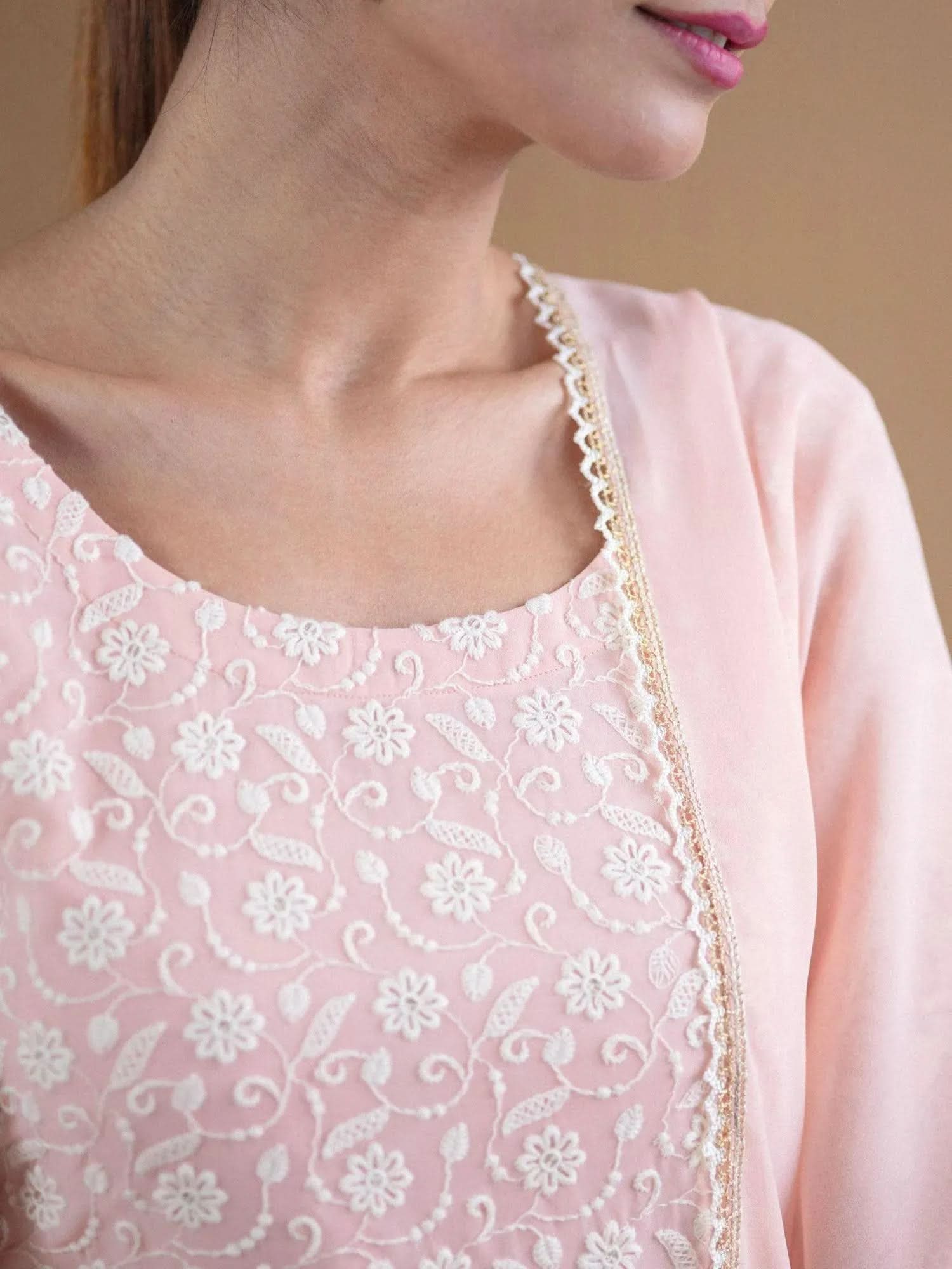 

Pink Embroidered Georgette Straight Kurta With Palazzos & Dupatta