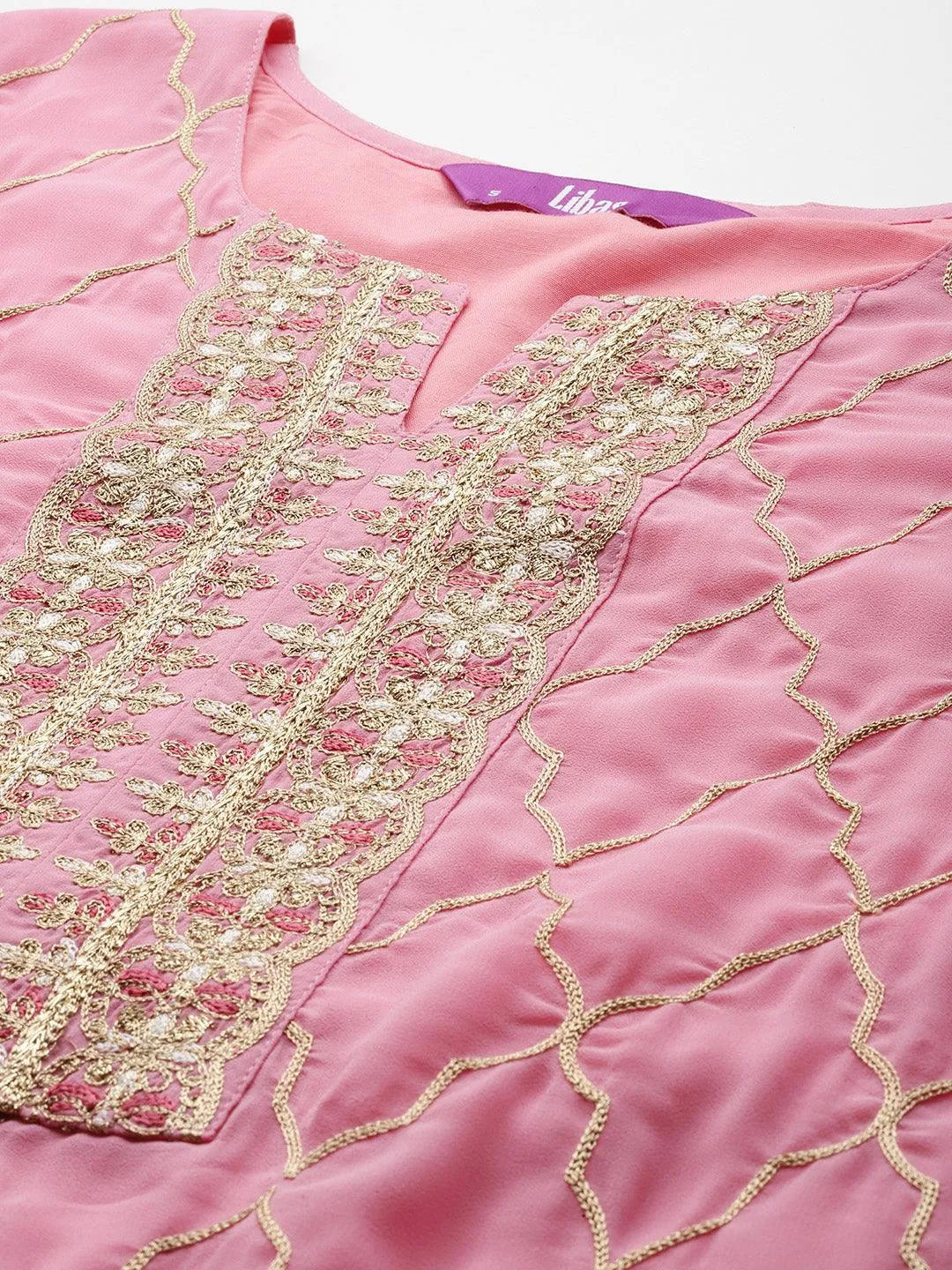 Pink Embroidered Georgette Straight Kurta With Palazzos & Dupatta - Libas