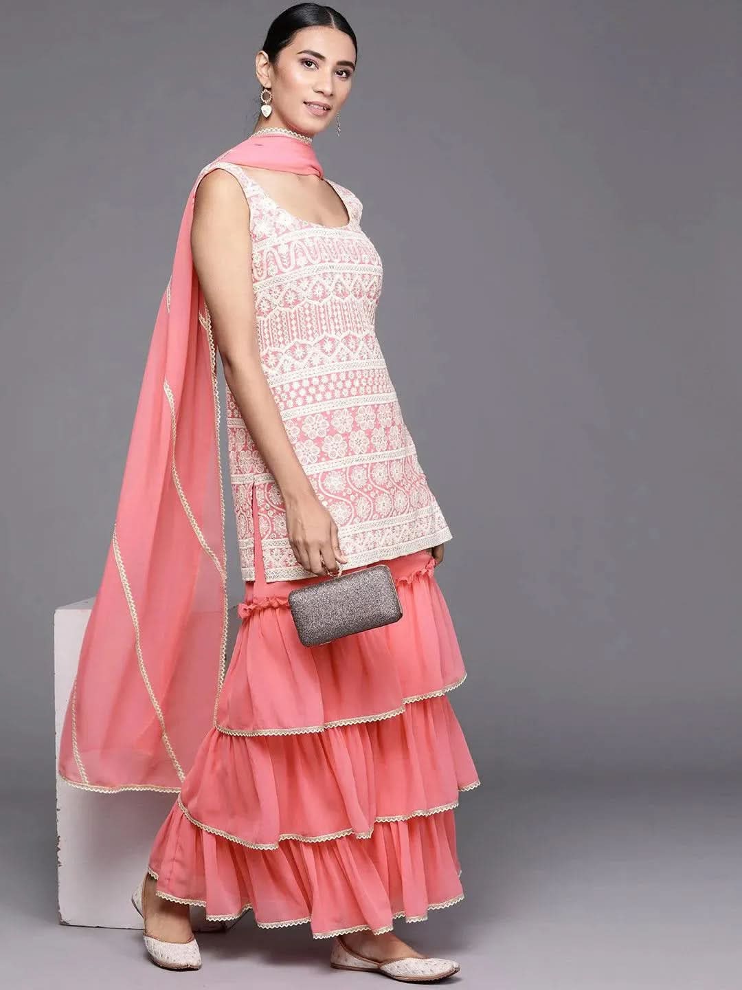 Peach Embroidered Georgette Straight Kurta With Sharara & Dupatta