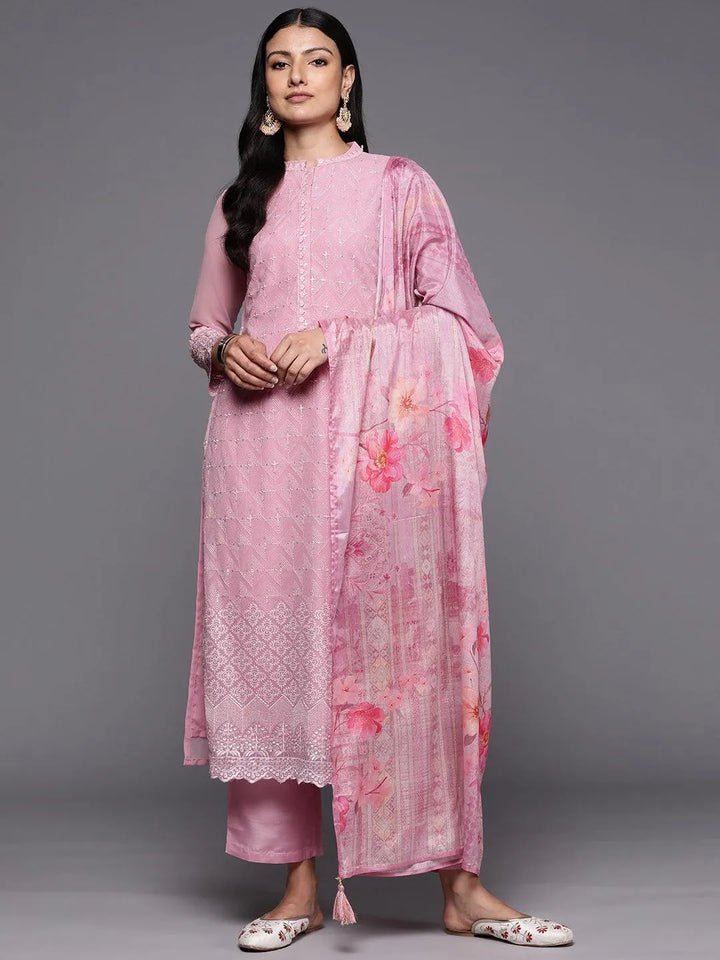 Pink Embroidered Georgette Straight Suit Set With Trousers - Libas