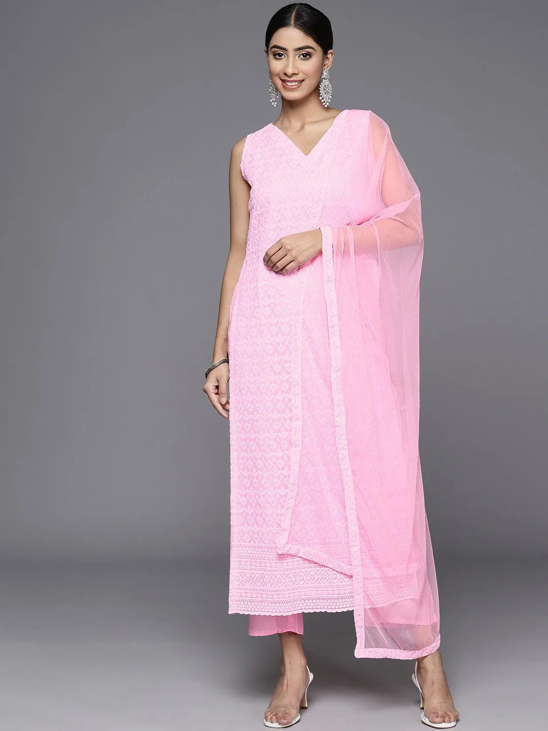 Pink Embroidered Georgette Straight Kurta With Trousers & Dupatta - Libas