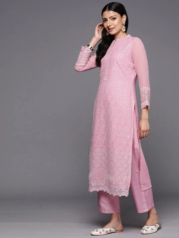 Pink Embroidered Georgette Straight Suit Set With Trousers - Libas