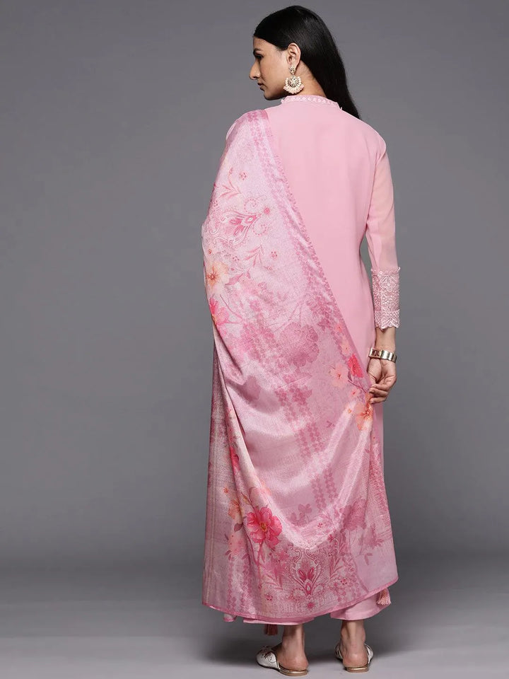 Pink Embroidered Georgette Straight Suit Set With Trousers - Libas