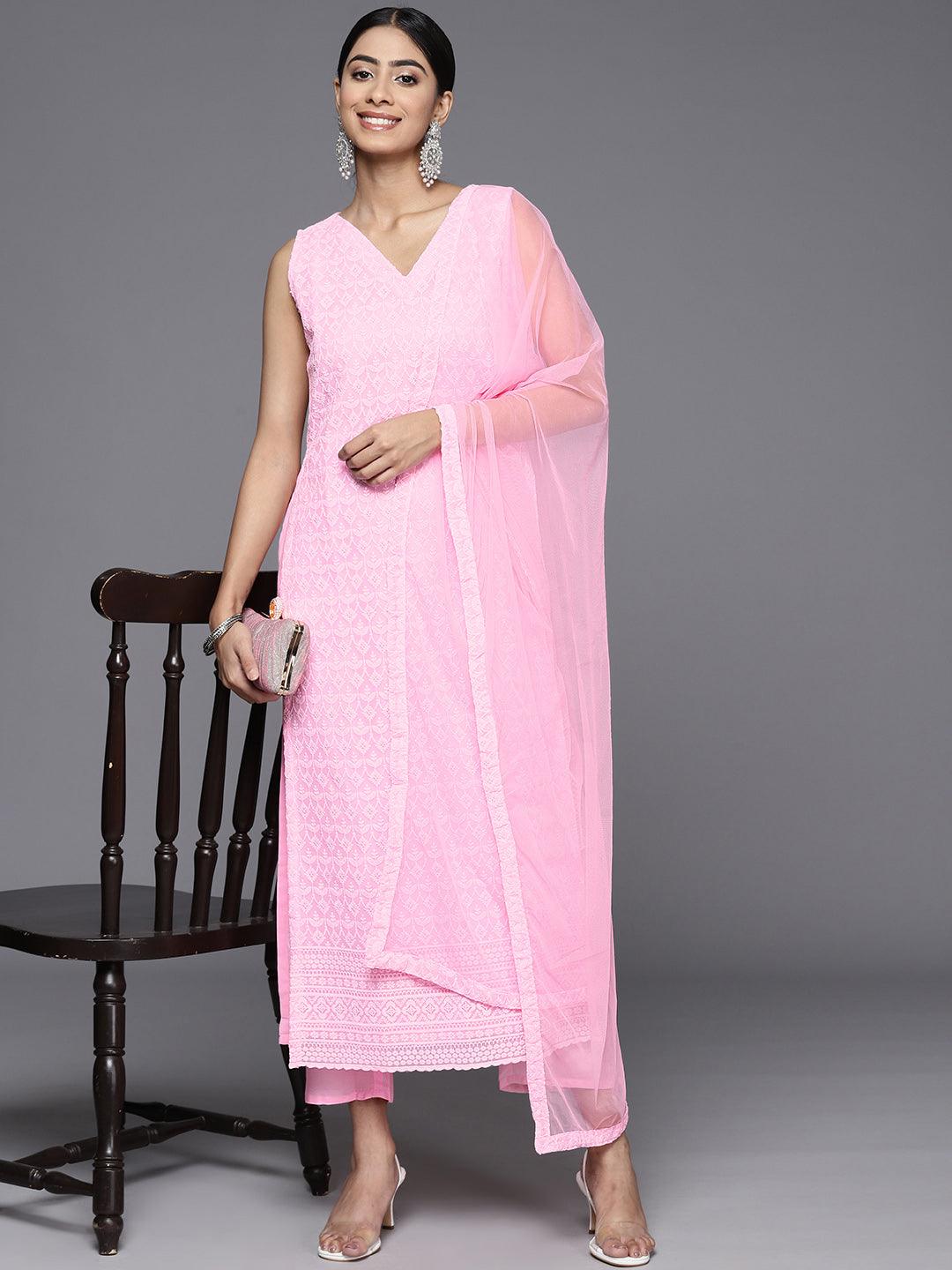 Pink Embroidered Georgette Straight Kurta With Trousers & Dupatta - Libas
