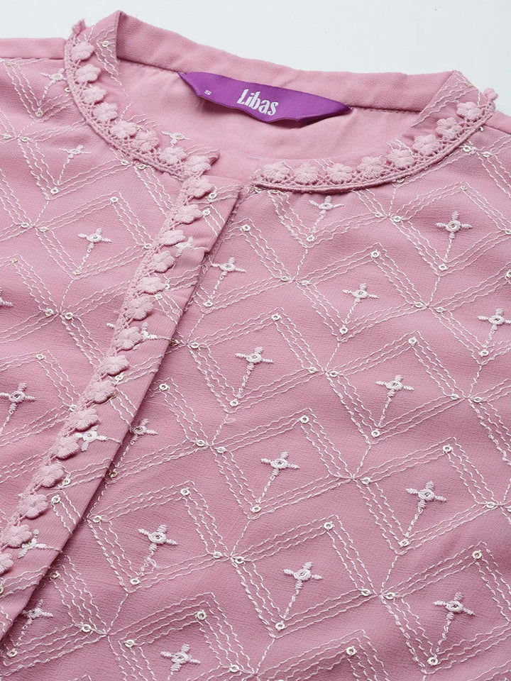 Pink Embroidered Georgette Straight Suit Set With Trousers - Libas