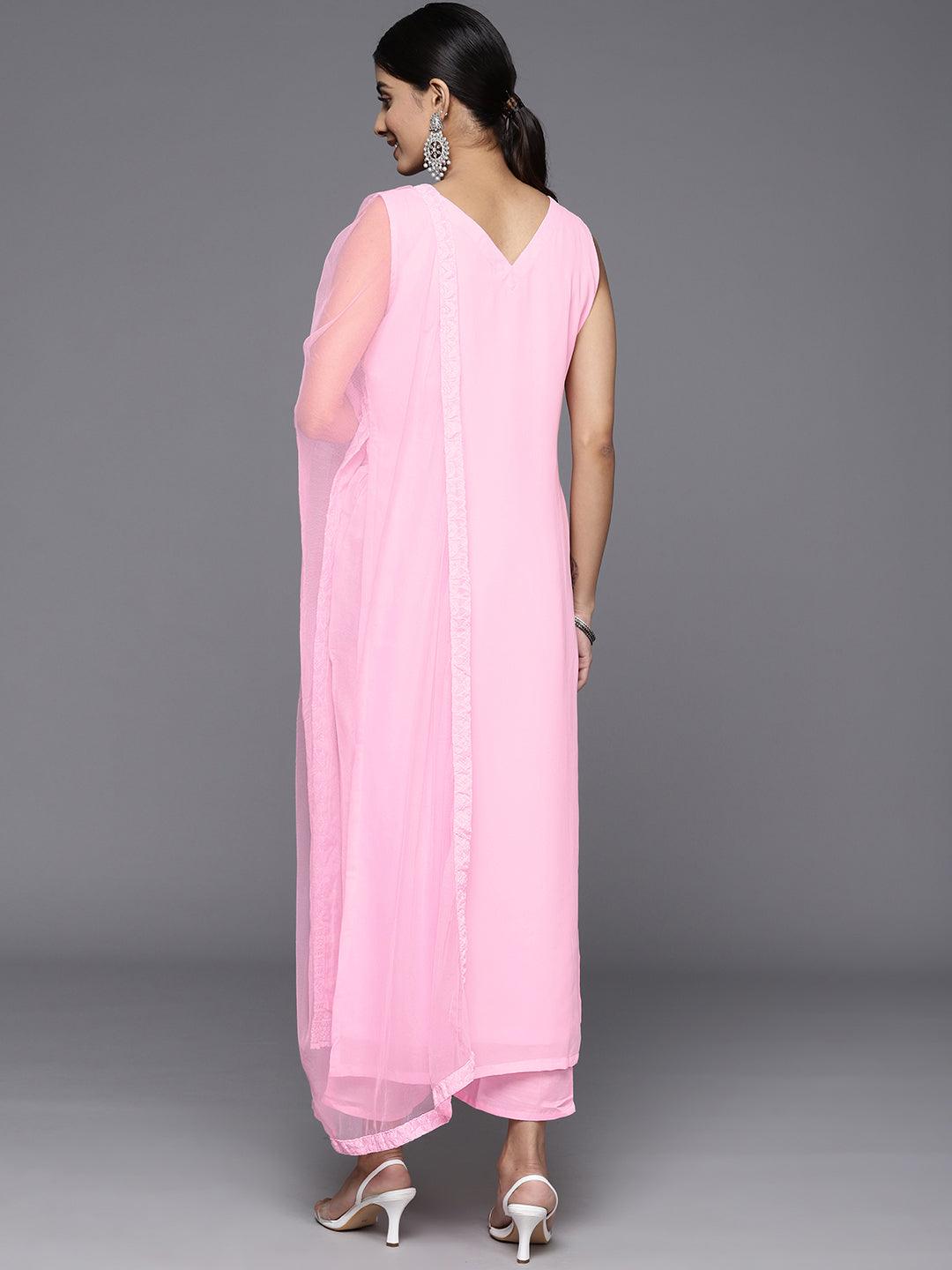 Pink Embroidered Georgette Straight Kurta With Trousers & Dupatta - Libas
