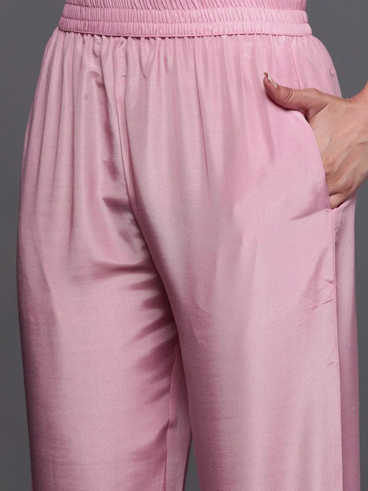 Pink Embroidered Georgette Straight Suit Set With Trousers - Libas
