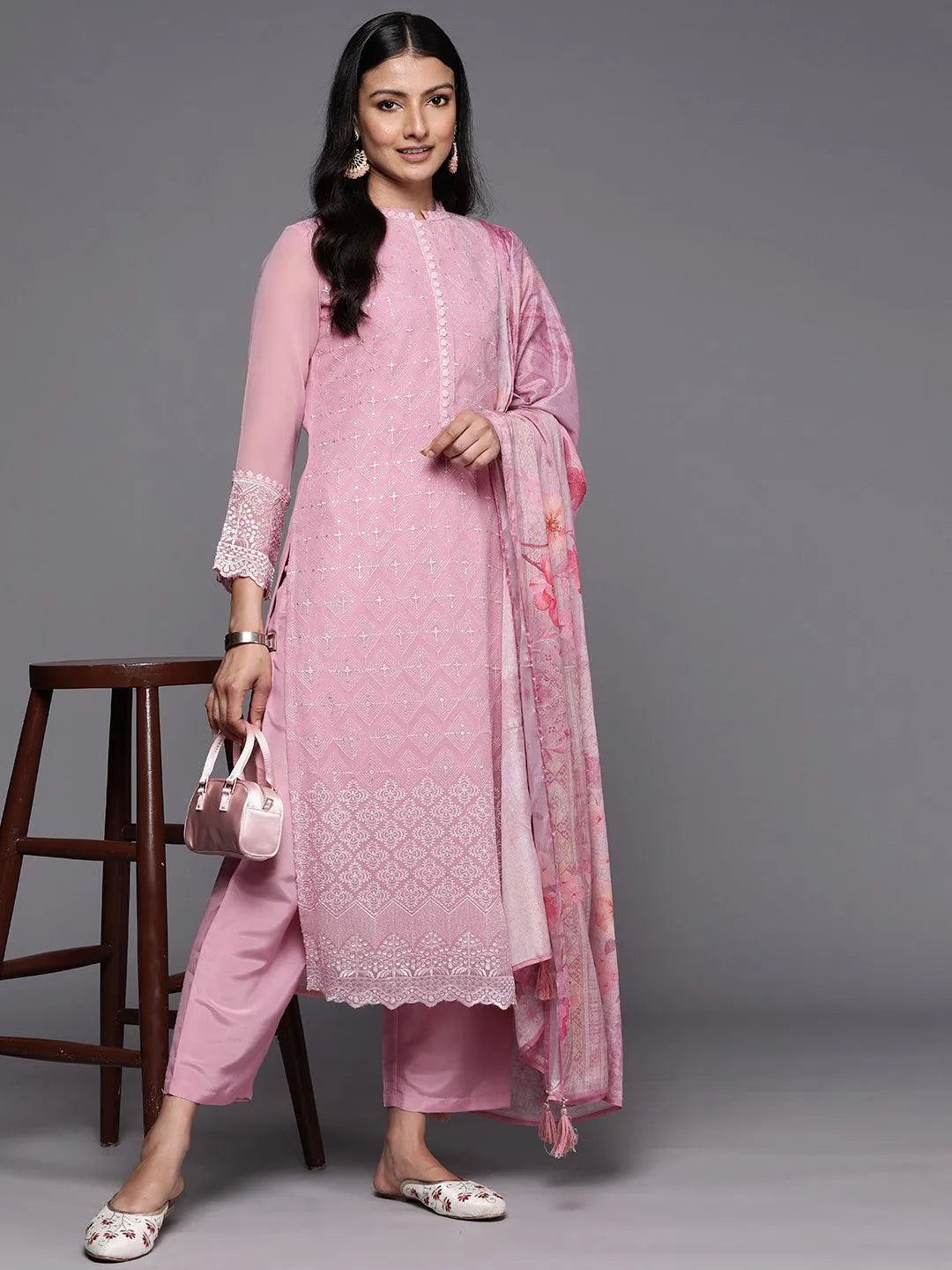 Pink Embroidered Georgette Straight Suit Set With Trousers - Libas 