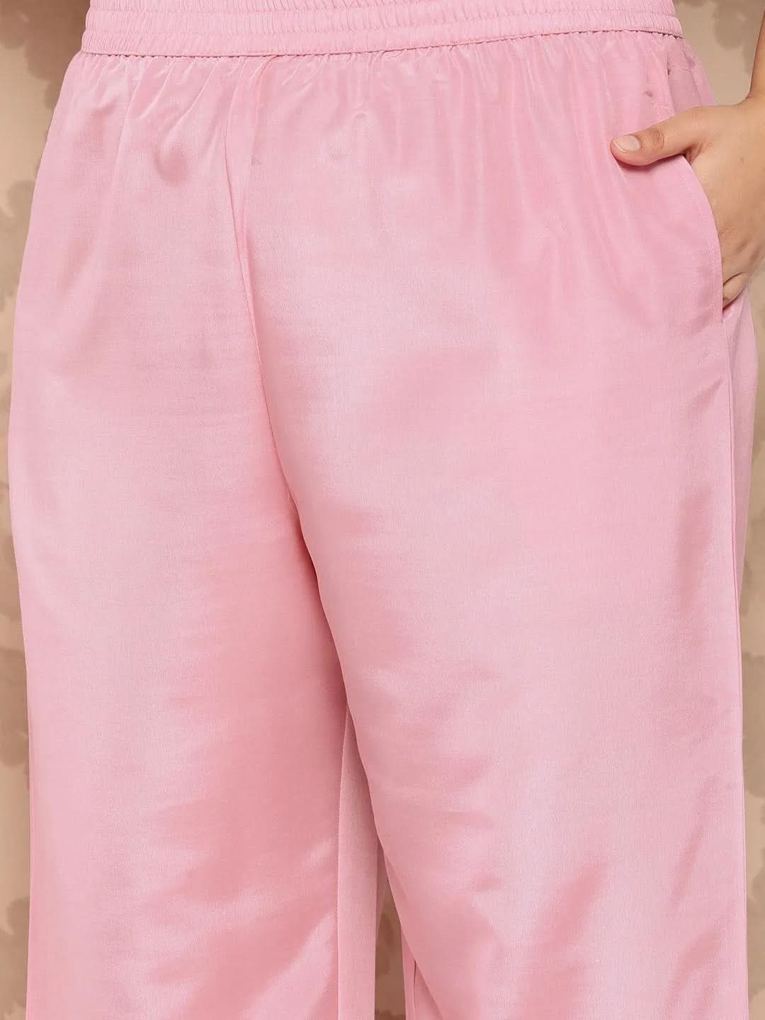 Pink Embroidered Georgette Straight Kurta With Trousers and Dupatta - Libas 