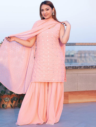 Pink Embroidered Georgette Straight Sharara Suit Set With Dupatta - Libas