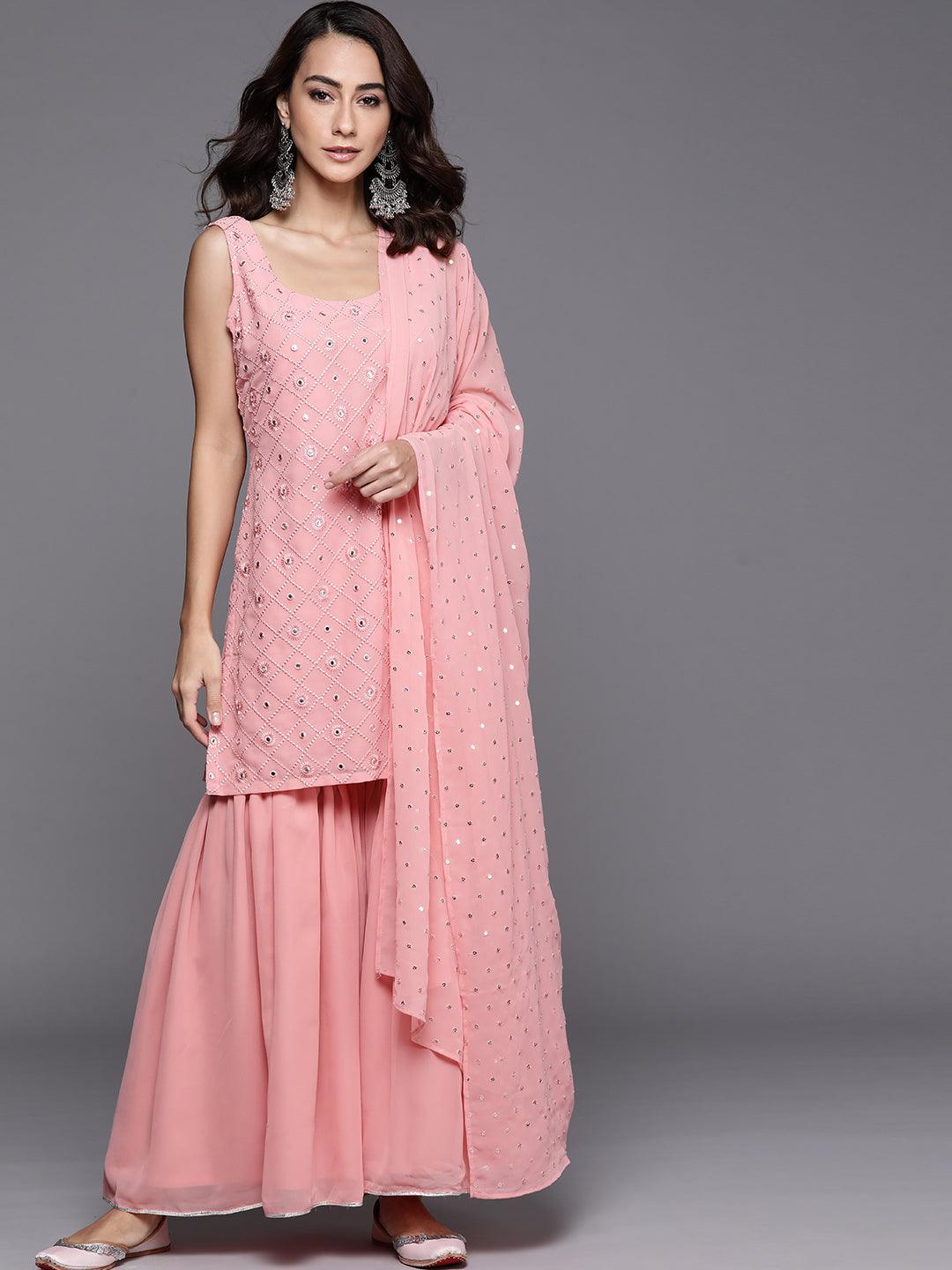 Pink Embroidered Georgette Straight Sharara Suit Set With Dupatta