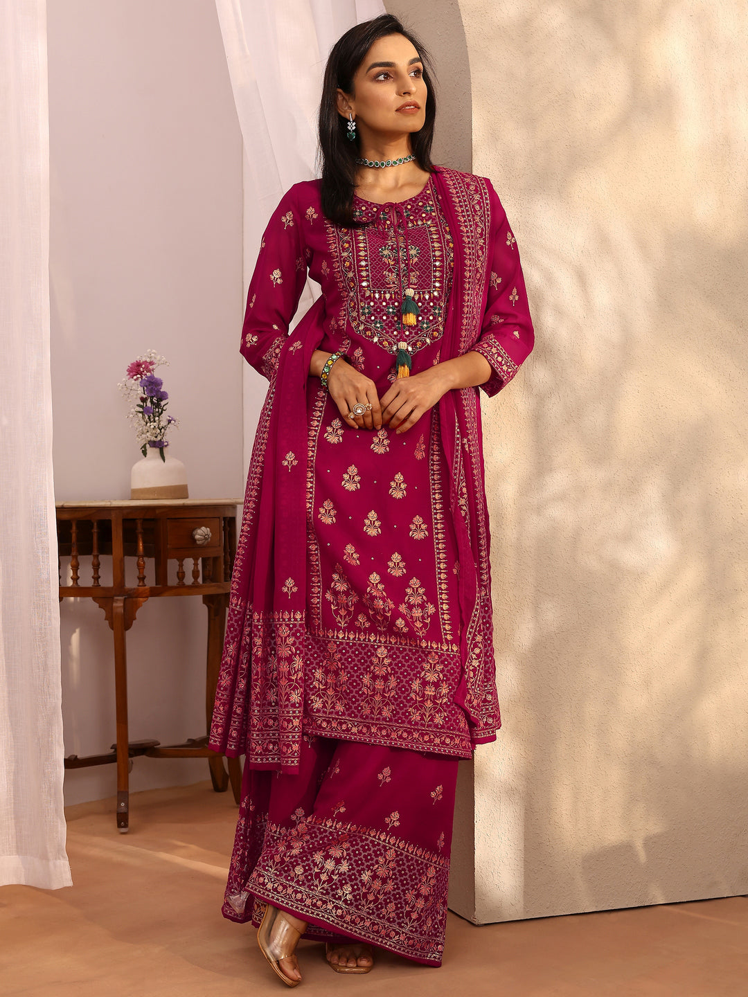 Pink Embroidered Georgette Straight Suit Set With Dupatta