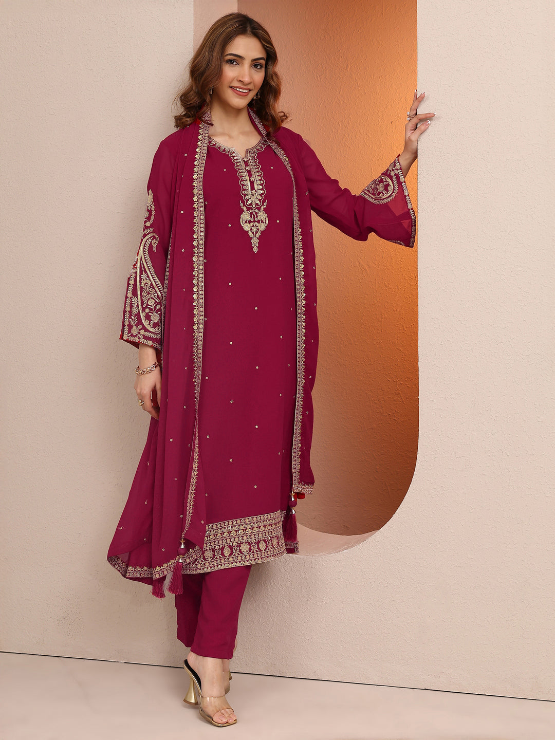  Pink Embroidered Georgette Straight Suit Set With Dupatta 