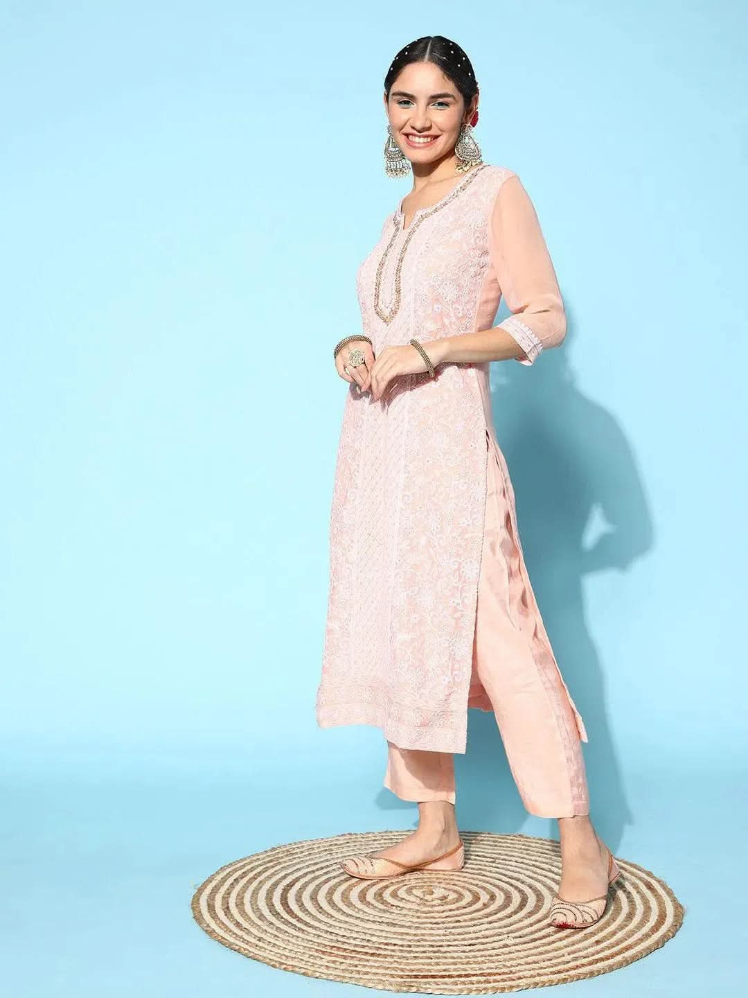 Pink Embroidered Georgette Straight Suit Set With Trousers - Libas 