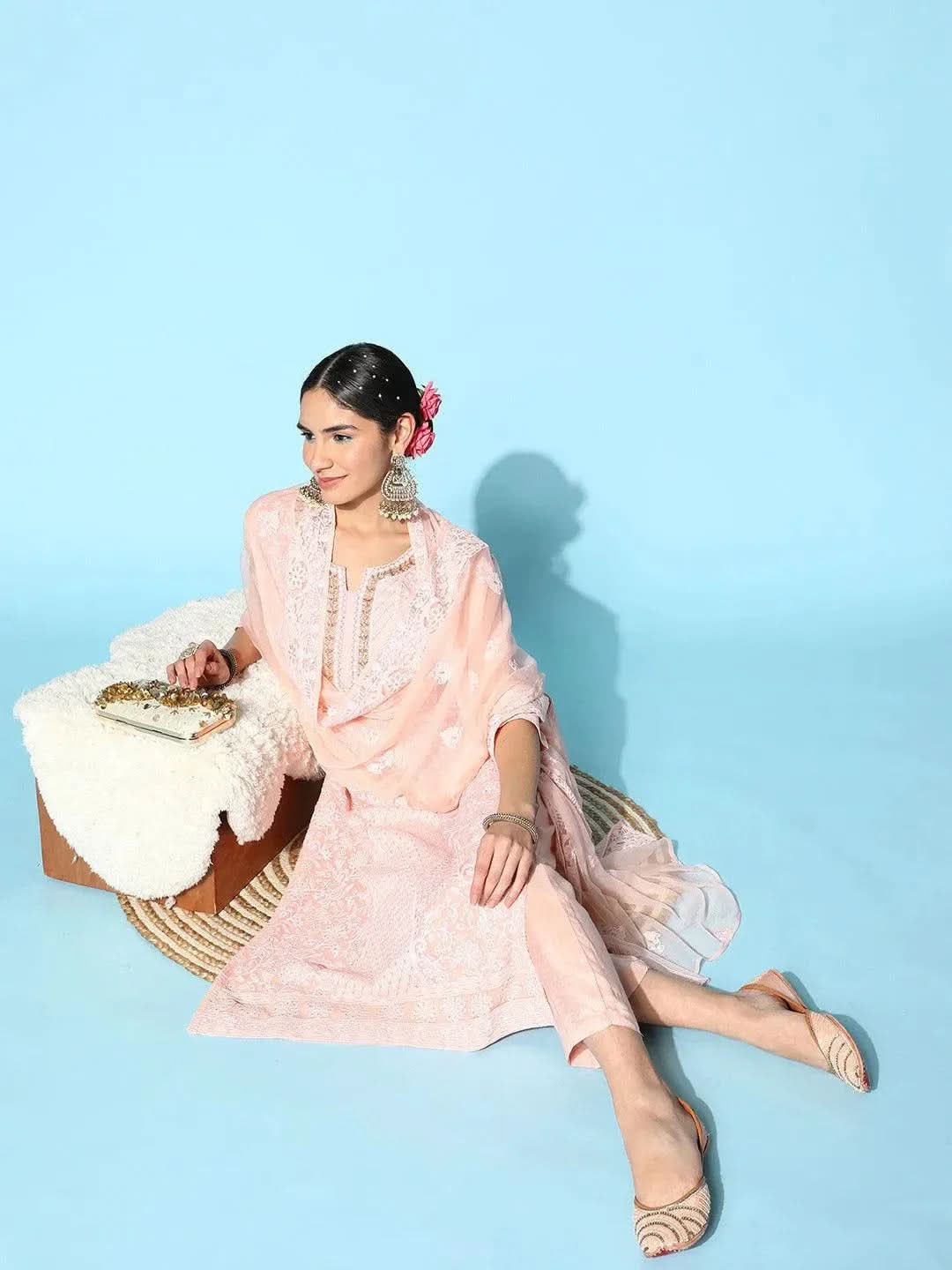 Pink Embroidered Georgette Straight Suit Set With Trousers - Libas 
