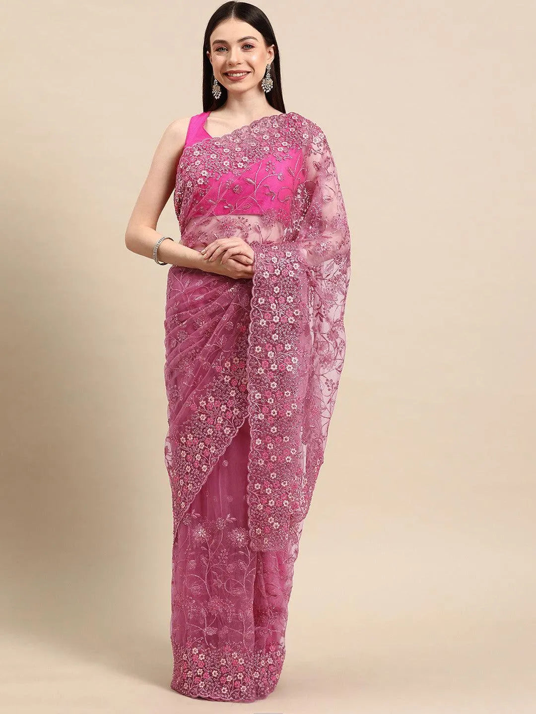 Pink Embroidered Net Saree - Libas