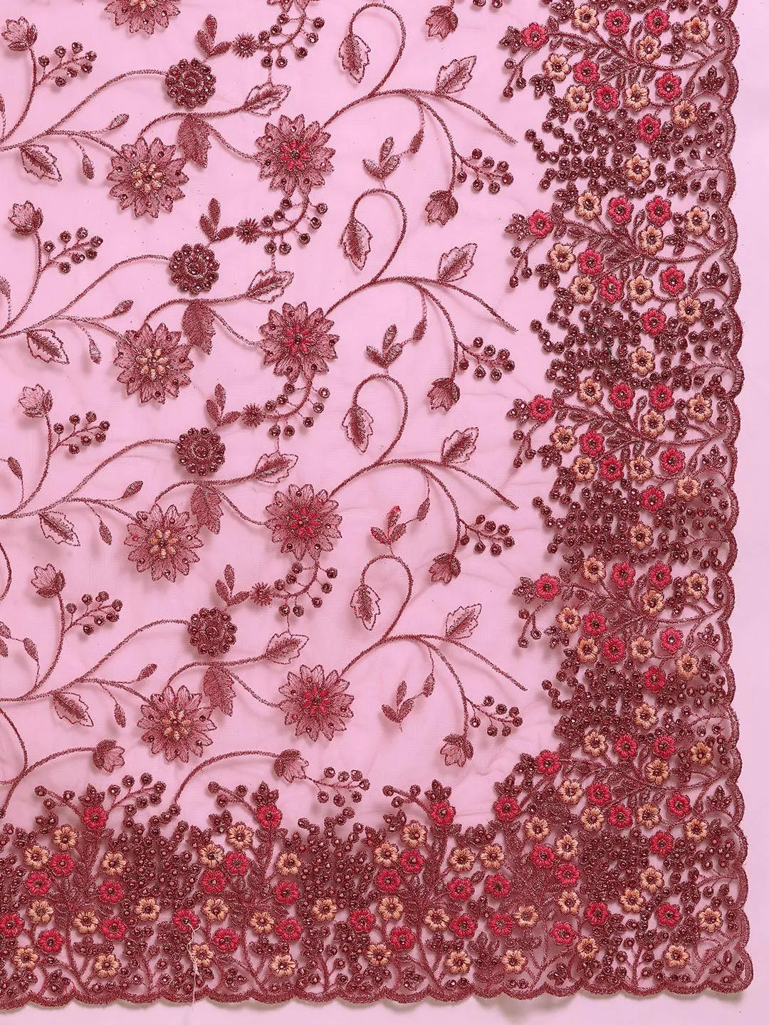 Pink Embroidered Net Saree - Libas