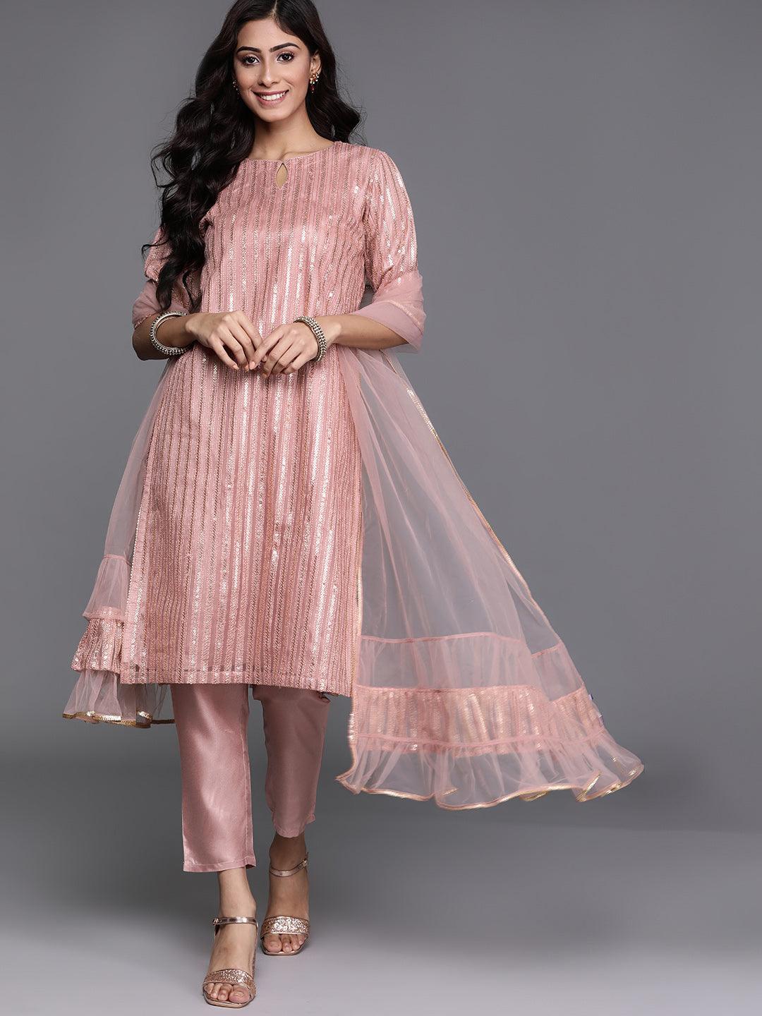 Pink Embroidered Net Suit Set - Libas
