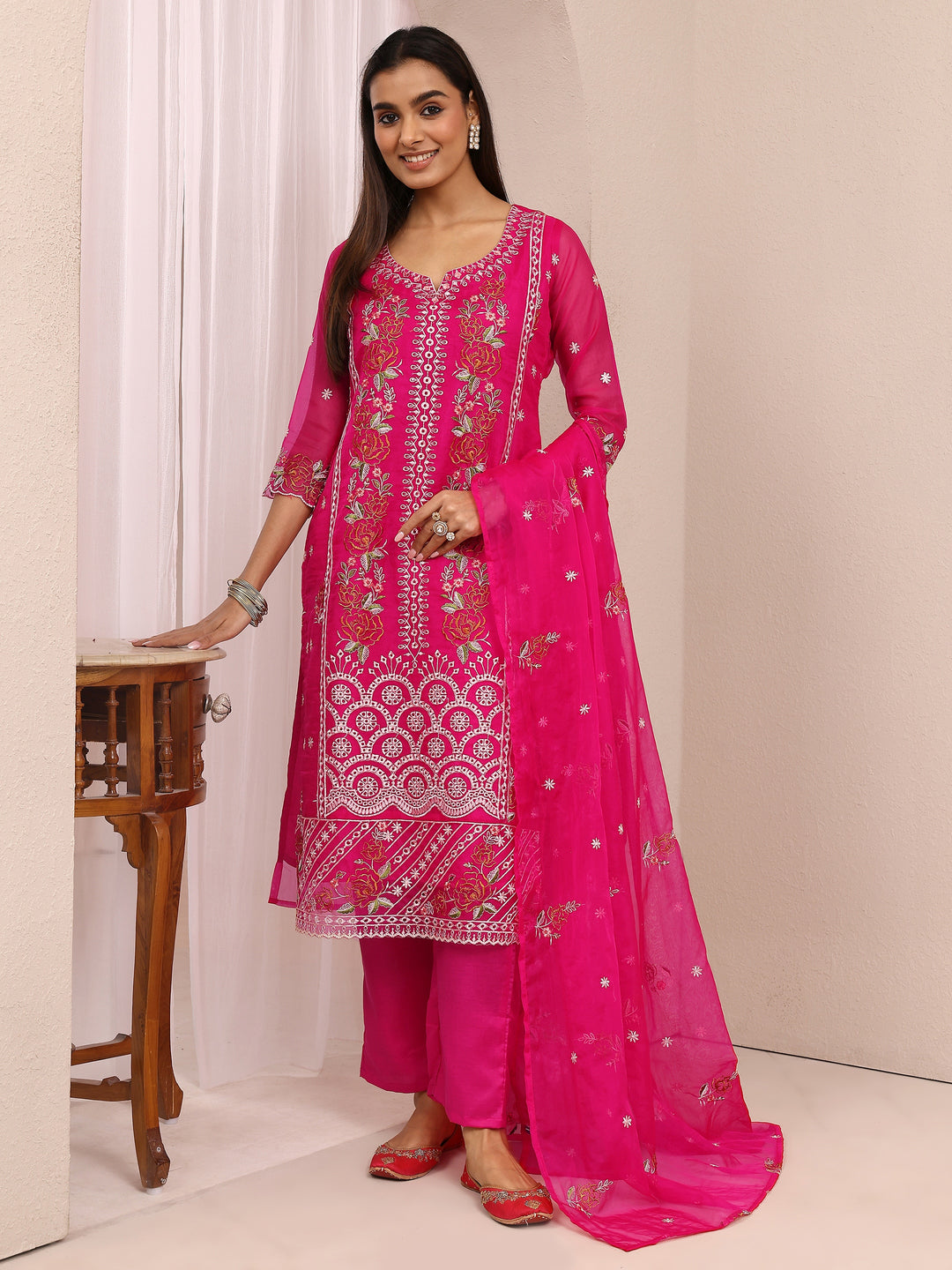 Pink Embroidered Organza Straight Suit Set With Dupatta