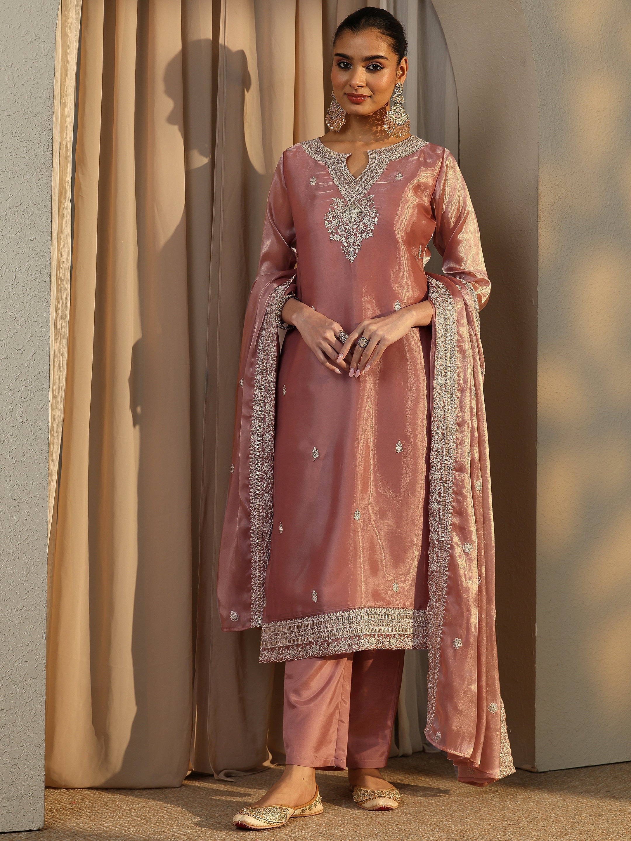 libas Pink Embroidered Organza Straight Suit Set With Dupatta-picture-27