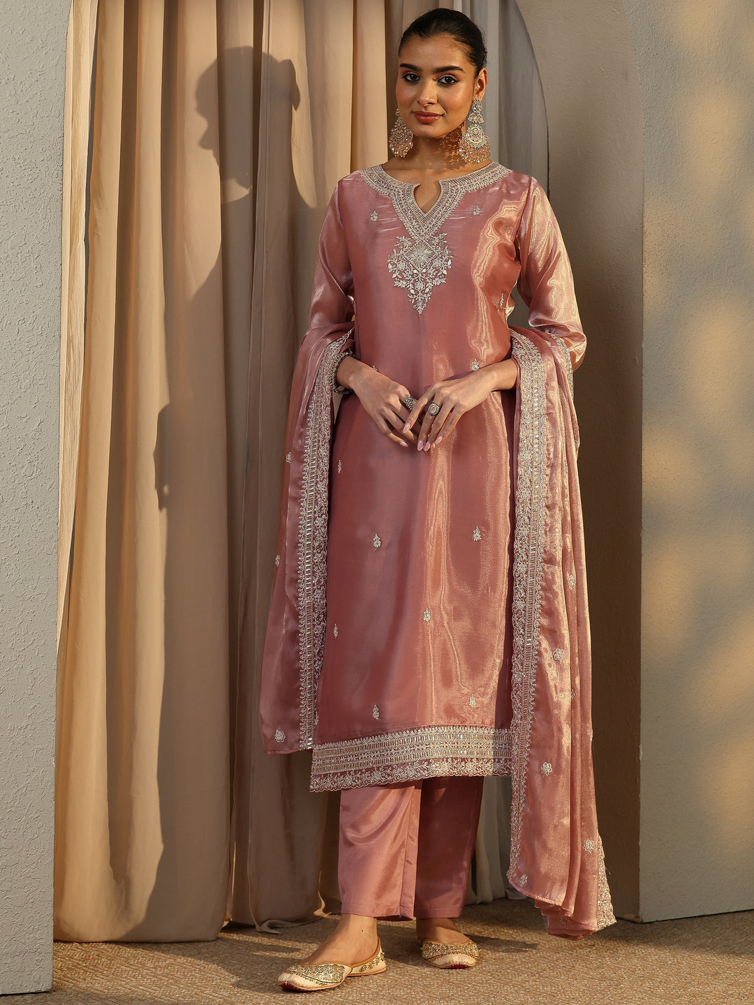 Pink Embroidered Organza Straight Suit Set With Dupatta