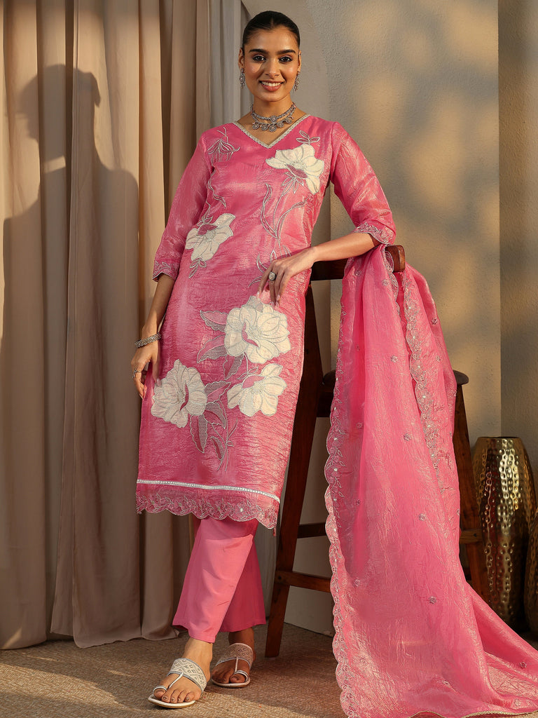 Libas Pink Embroidered Organza Straight Suit Set With Dupatta