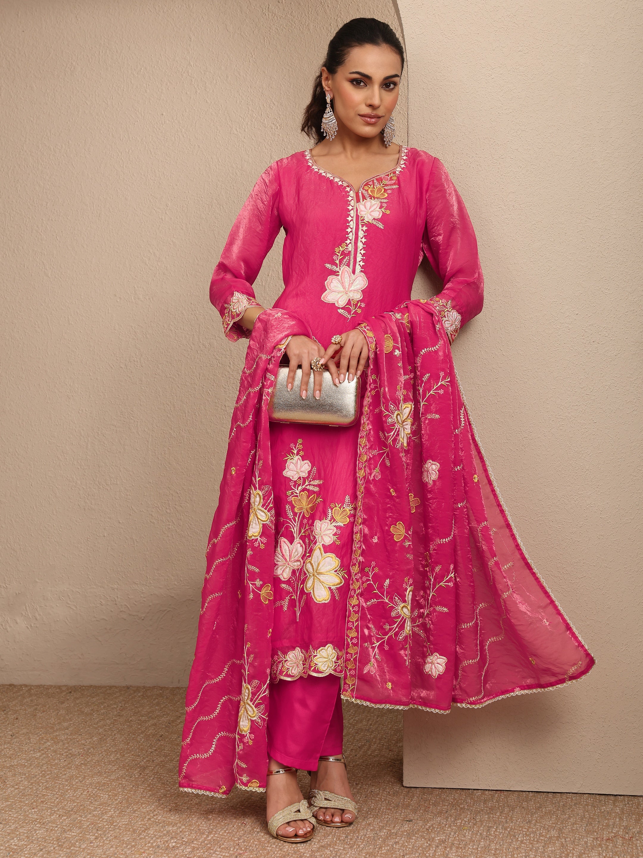 libas Pink Embroidered Organza Straight Suit Set With Dupatta-picture-29