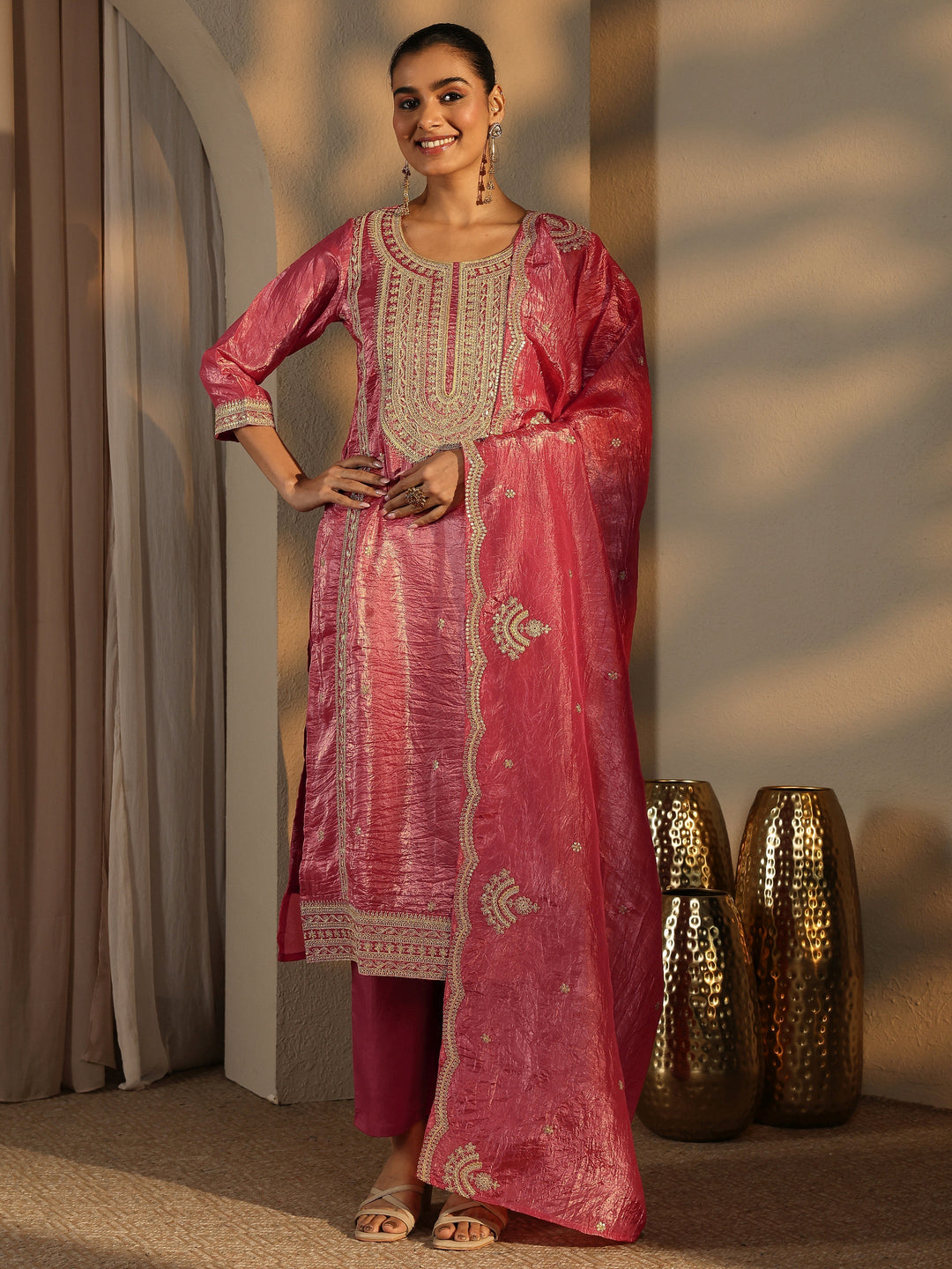 Pink Embroidered Organza Straight Suit Set With Dupatta