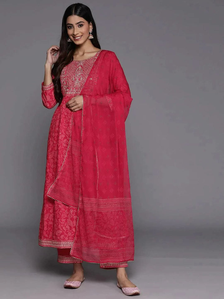Pink Embroidered Rayon Suit Set With Trousers - Libas
