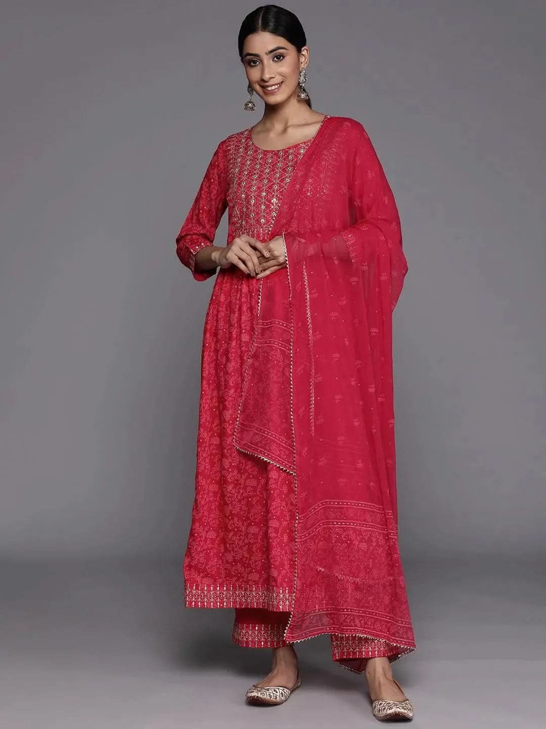 Pink Embroidered Rayon Suit Set With Trousers - Libas 
