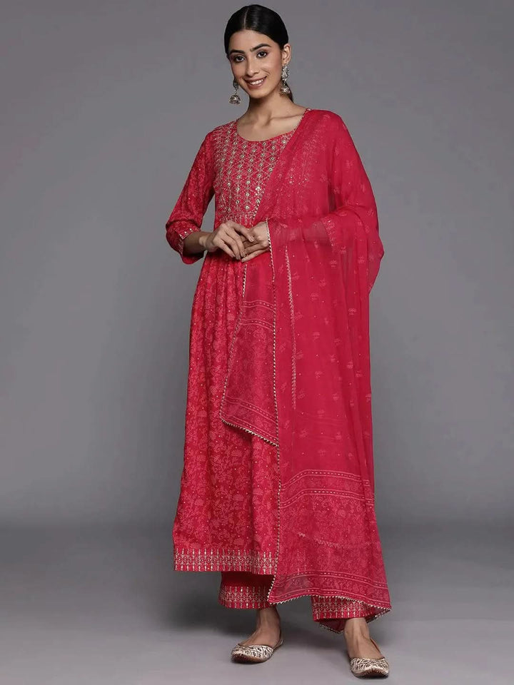 Pink Embroidered Rayon Suit Set With Trousers - Libas