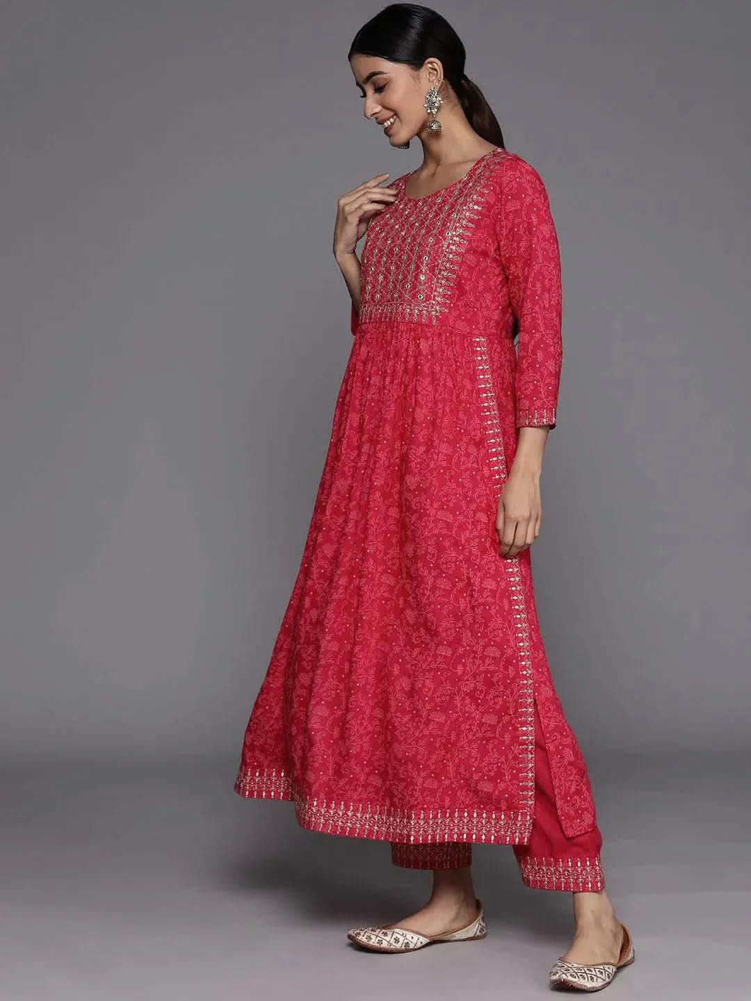 Pink Embroidered Rayon Suit Set With Trousers - Libas 
