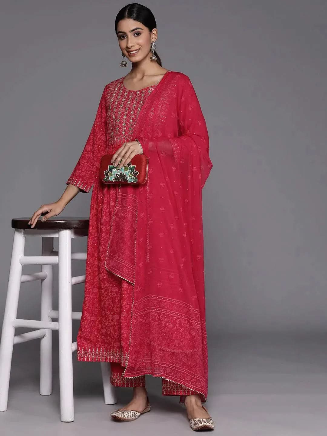 Pink Embroidered Rayon Suit Set With Trousers - Libas 