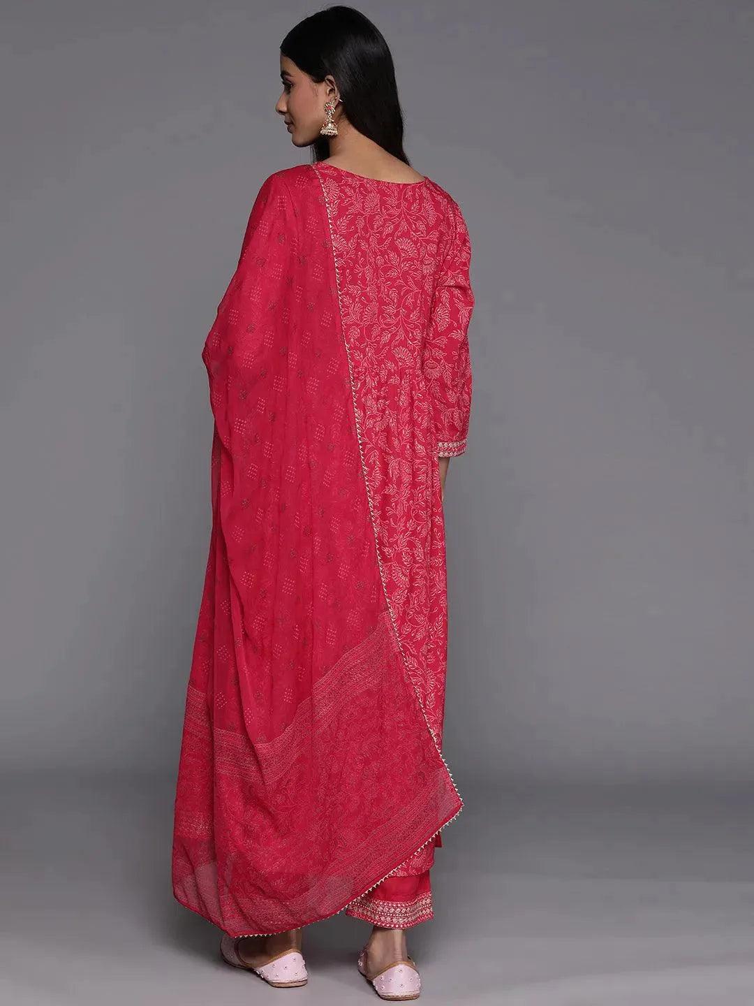 

Pink Embroidered Rayon A-Line Kurta With Trousers & Dupatta
