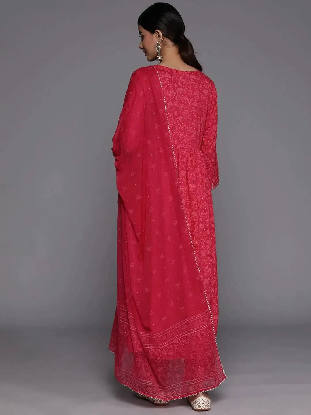Pink Embroidered Rayon Suit Set With Trousers - Libas 