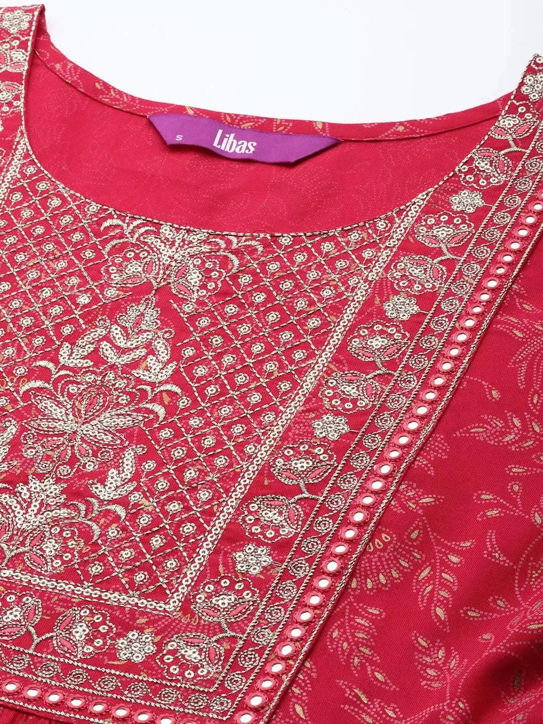 Pink Embroidered Rayon Suit Set With Trousers - Libas 