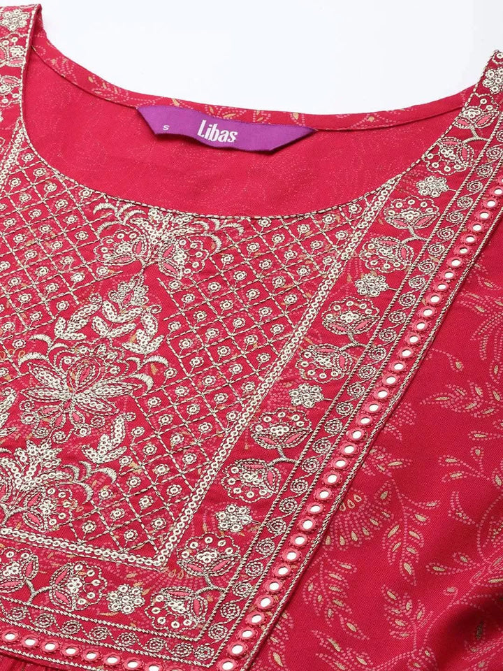 Pink Embroidered Rayon Suit Set With Trousers - Libas