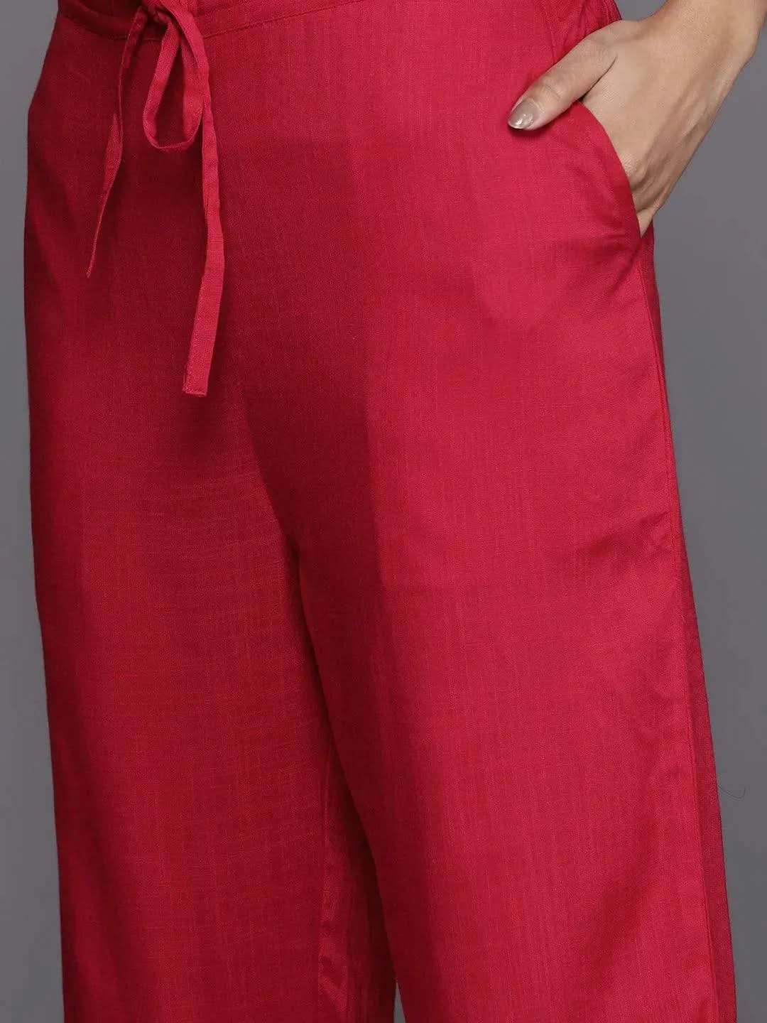Pink Embroidered Rayon Suit Set With Trousers - Libas 