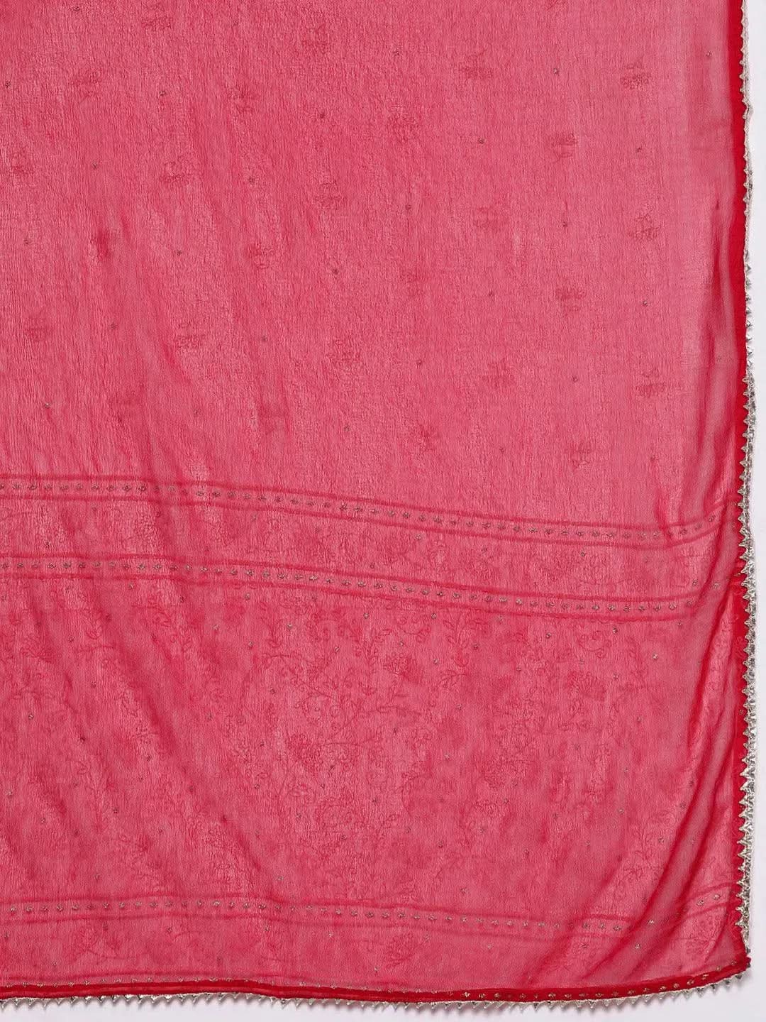 Pink Embroidered Rayon Suit Set With Trousers - Libas 