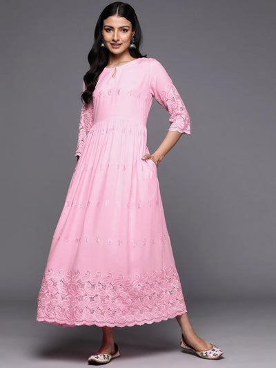Pink Embroidered Rayon Fit and Flare Dress - Libas